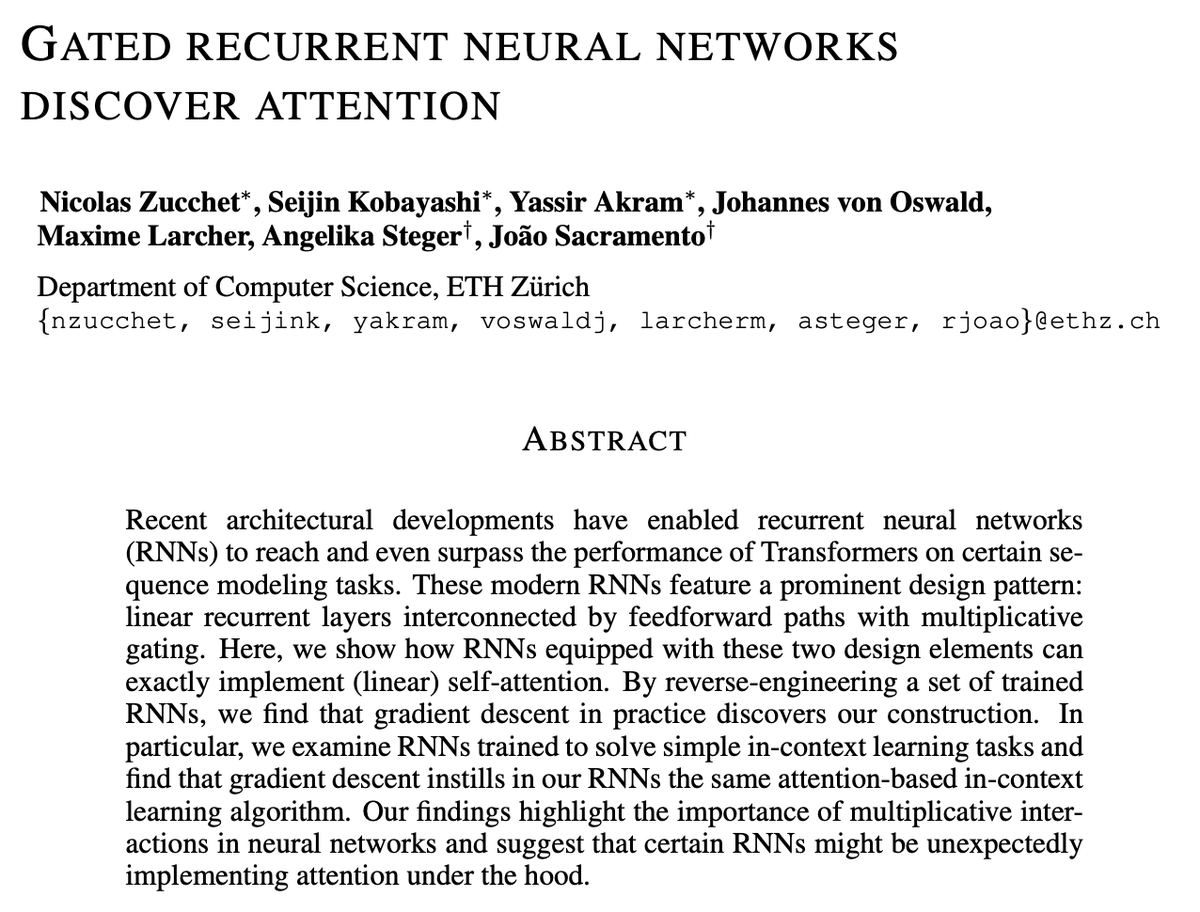 How do modern RNNs/SSMs such as Mamba perform on in-context learning tasks? How do they relate to attention-based models like Transformers?

We find that modern RNNs can implement attention and that they leverage it to solve ICL tasks in an attention-based manner!

(1/6)