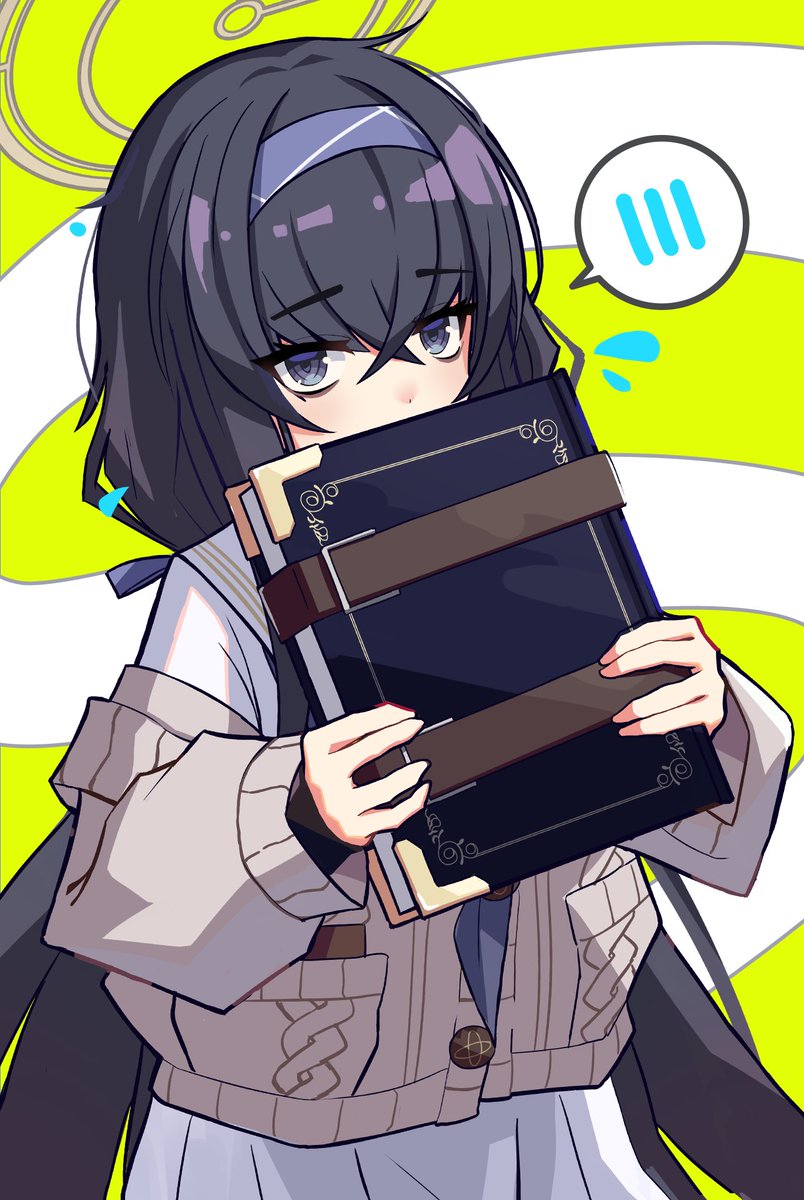 ui (blue archive) 1girl book solo black hair long hair halo holding book  illustration images