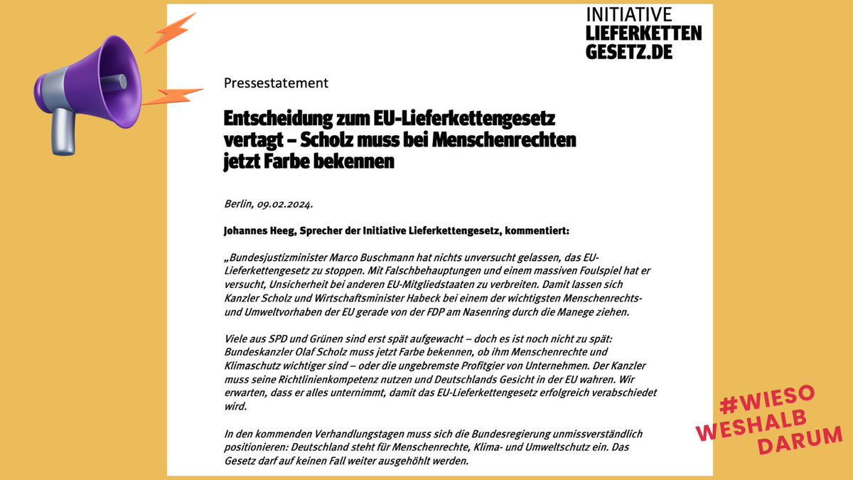 📢 Unser PRESSESTATEMENT zur vertagten Abstimmung über das 🇪🇺#Lieferkettengesetz.

Haltung statt Enhaltung, lieber @Bundeskanzler:

lieferkettengesetz.de/pressemitteilu… #CSDDD