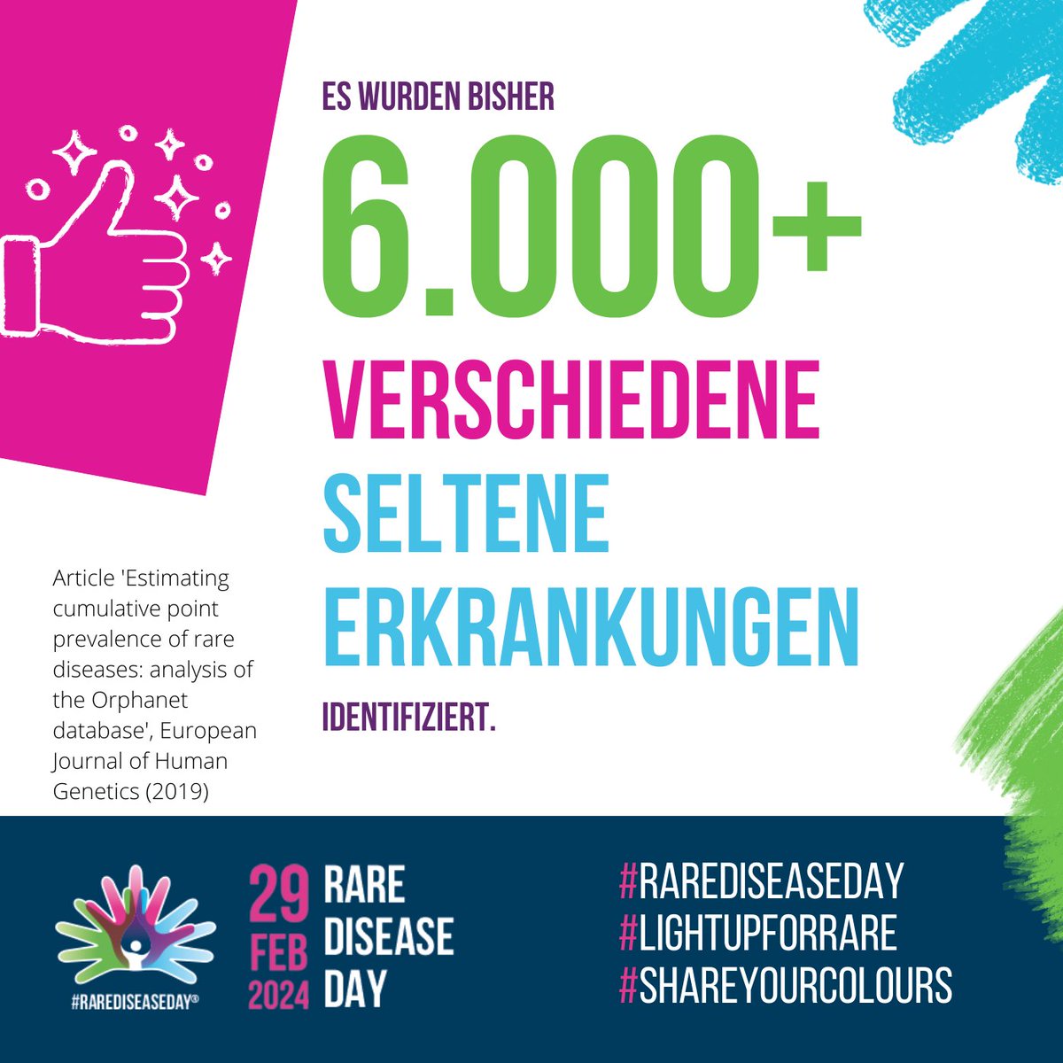 In 20 Tagen ist Tag der #SelteneErkrankungen #RareDiseaseDay 💚💜💙

Es gibt mehr als 6.000 VERSCHIEDENE SELTENE ERKRANKUNGEN.
Während jede Erkrankung für sich selten ist, sind sie zusammen VIELE‼️

#SeltenSindViele #TagderSeltenenErkrankungen
#RareDisease #ShareYourColours