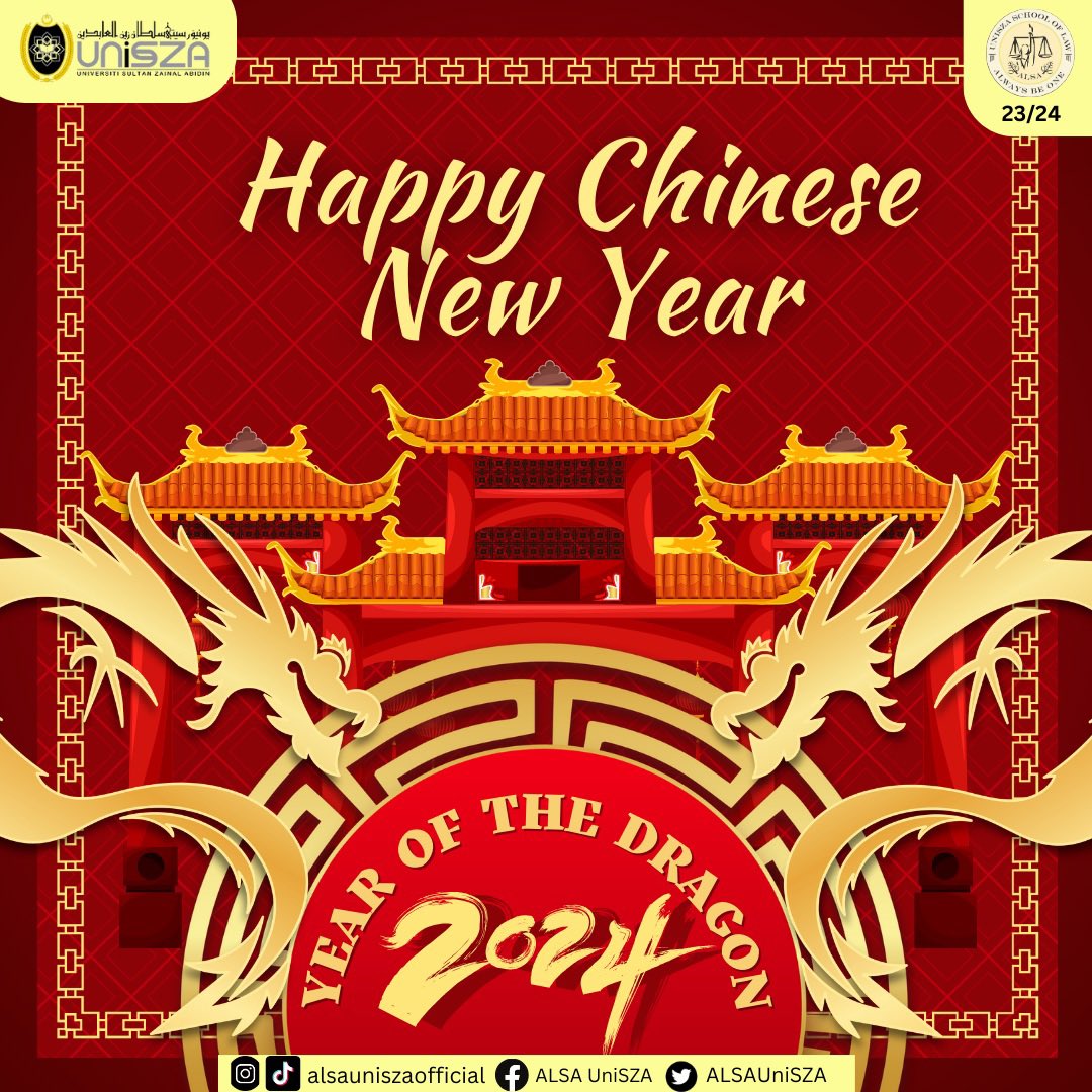ALSAUniSZA's tweet photo. Greetings from ALSA UniSZA

Happy Chinese New Year!

May the vibrant colors of Chinese New Year fill your life with happiness, abundant blessings and good fortune as we welcome the Year of the Dragon! 🧧✨ 

Wishing you a joyous celebration ahead!

#ALSAAlwaysBeOne
#ALSAUniSZA https://t.co/x9PV9ZqjP2