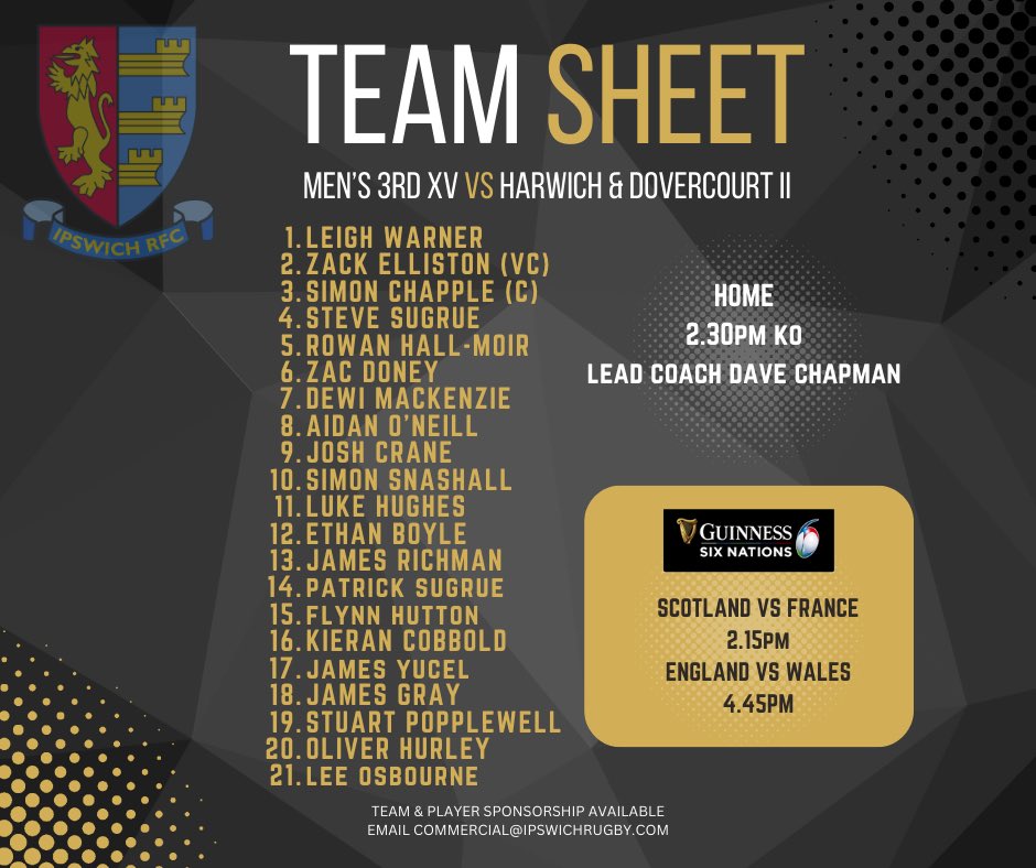 Here’s how the 3s line up at home tomorrow 💥 🏉 Men’s 3rd XV vs Harwich & Dovercourt II 📆 Saturday 10 Feb 🕑 2.30pm KO 📍 HDL - IP4 3PZ 🏡 We won 33-49 in the away fixture a few weeks ago. All support very much appreciated!