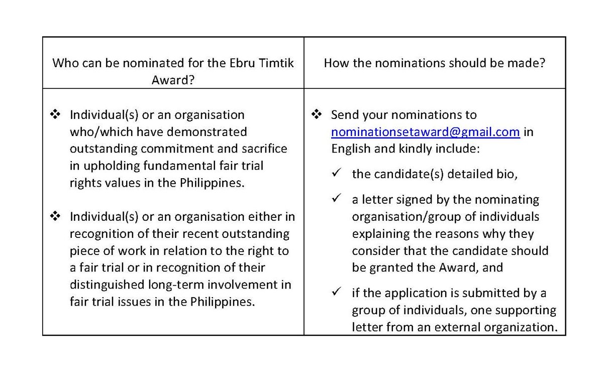 Steering Group also calls for nominations for the Ebru Timtik Award. Please nominate individual(s) or an organisation who/which have demonstrated outstanding commitment and sacrifice in upholding fair trial rights values in the Philippines. Deadline: 1 May More information: