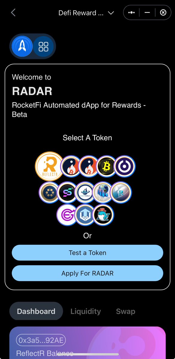 #BNB projects on RADAR
RocketFi.app/RADAR
<a href="/Reflectrtoken/">ReflectЯ</a> 
<a href="/YinYangReflect/">YinYangReflect</a> 
<a href="/AutoBTCOfficial/">AutoBTC</a> 
@OdesisCO 
<a href="/adacashbsc/">Cashverse</a> 
<a href="/everreflect/">EverReflect</a> 
<a href="/lastm3042/">The Man Token</a> 
@reundefy 
<a href="/evergrowcoinEGC/">Formerly EverGrow</a> 
@lucrotoken 
<a href="/ChadMcWhale/">Chad Mc Whale</a> 
To get your project listed, just fill out the form 
forms.gle/6rQY8y6QvjF8FQ…