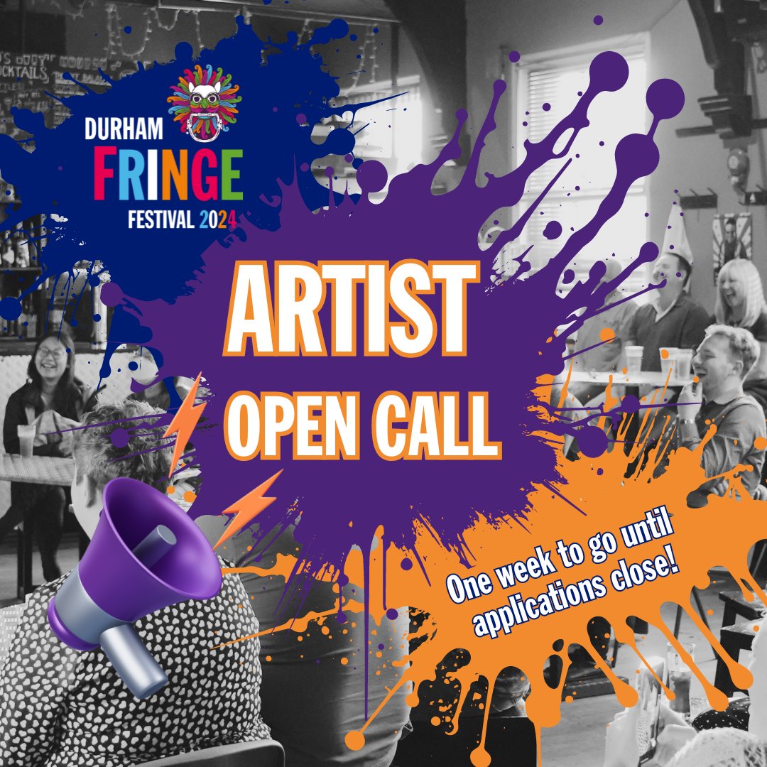 Calling all artists! Showcase your talent at the Durham Fringe Festival 2024. Take home is 70% of net ticket sales and there are no cost to perform, no hire, no registration fee - just £100 fully refundable deposit. Deadline: February 18th Apply now at durhamfringe.co.uk