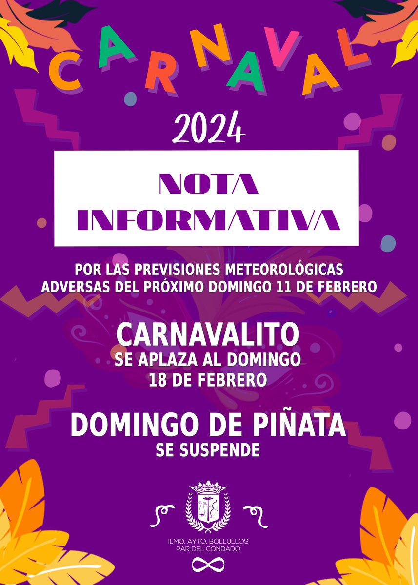 🔵 NOTA INFORMATIVA – DOMINGO DE CARNAVAL 11 DE FEBRERO

La Concejalía de Cultura informa que se SUSPENDE el Domingo de Piñata que se iba a celebrar en la Calle Almirante Pinzón y se APLAZA el Carnavalito al domingo 18 de febrero. 
#Carnaval2024 #Bollullos