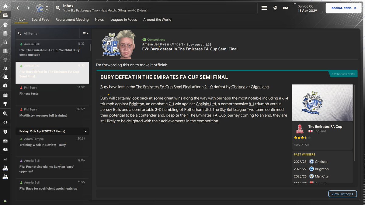 AlexFM123's tweet photo. Getting to an FA Cup semi final with my League Two Bury has to be one of my greatest FM achievements ever

Dispatching Brighton 6-4 in the 3rd round was defo the highlight

#FM24 https://t.co/PFaUWsIgX0