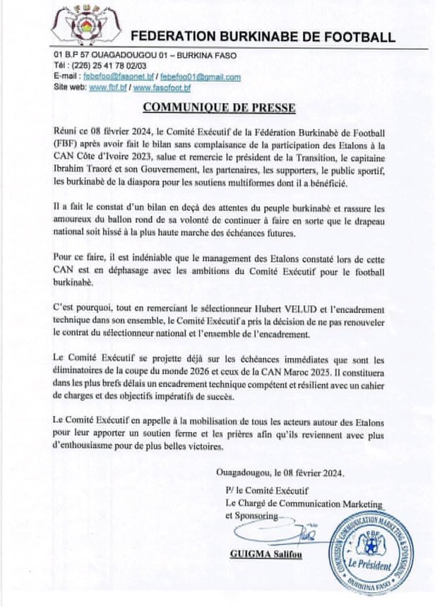 OAR24_official's tweet photo. 🚨URGENT : Hubert Velud n’est plus l’entraîneur des Étalons !

Velud et son staff ne seront pas renouvelés 
A l’issue de la CAN 2023 et au vu du bilan des Étalons, la Fédération Burkinabè de Football a décidé de ne pas prolonger le contrat du sélectionneur national Hubert Velud. https://t.co/J3rmG9LquV