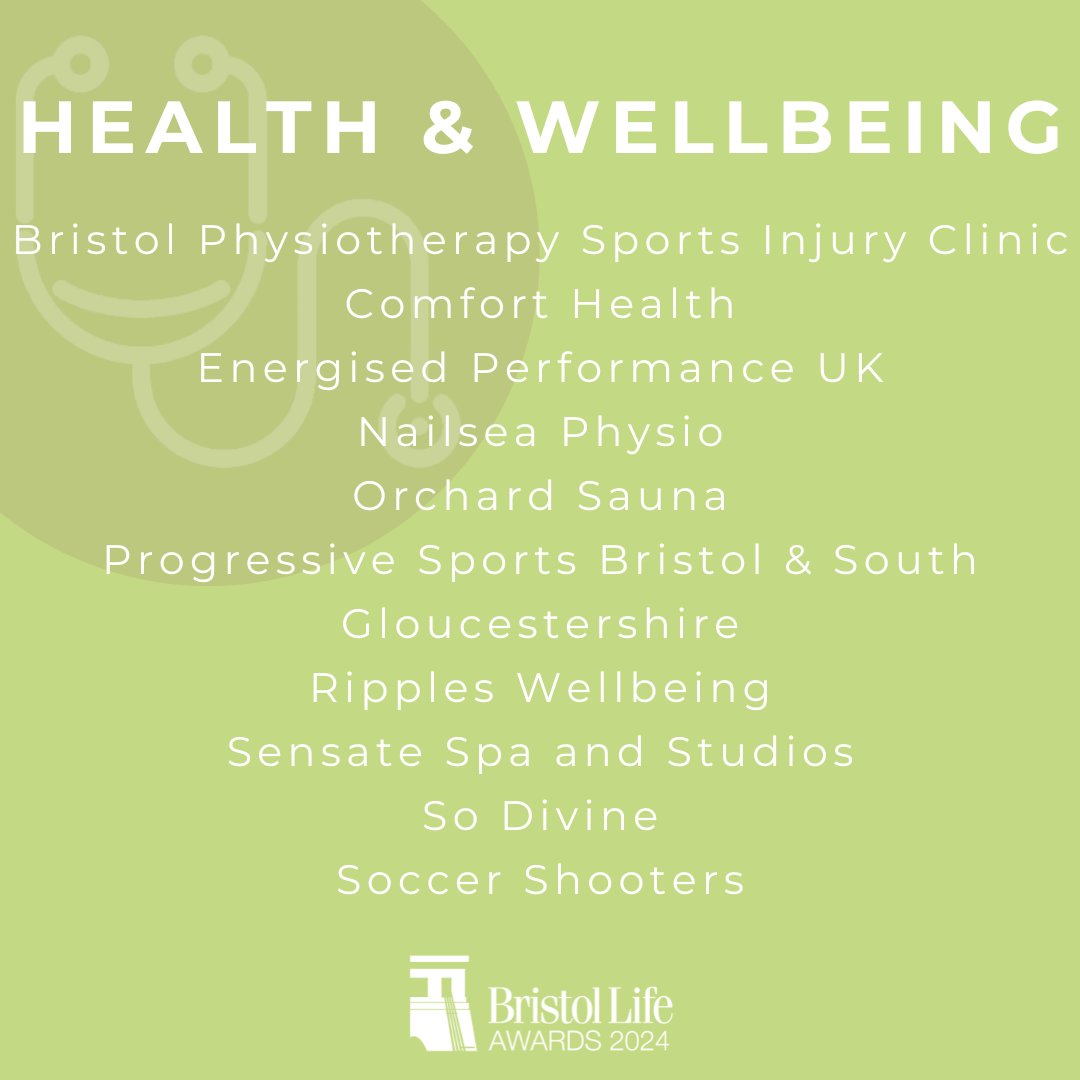 ✨ Health &amp; Wellbeing Finalists: <a href="/BristolPhysioCl/">BristolPhysioClinic</a>, Comfort Health, <a href="/energisedcoach/">Award Winning Energised Mind Body Coaching</a>, Nailsea Physio, Orchard Sauna, <a href="/ProgsportsSG/">Progressive Sports South Glos & Bristol</a>, Ripples Wellbeing, Sensate Spa and Studios, <a href="/SoDivine_UK/">So Divine</a> and <a href="/SoccerShooters1/">Soccer shooters</a>