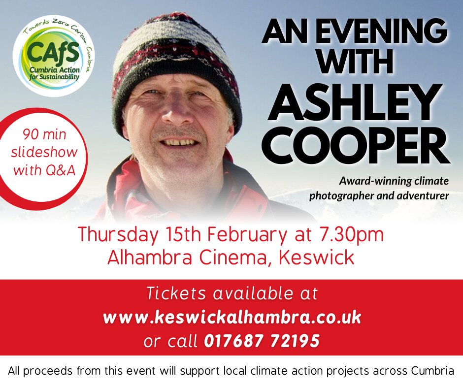 Next week! Join us for an evening of stunning photographs and fascinating discussion with Ashley Cooper - an award-winning climate change photographer and adventurer.  #ClimateCrisis #ClimatePhotographs
Book via @KeswickAlhambra ⬇⬇⬇
keswickalhambra.co.uk/KeswickAlhambr…