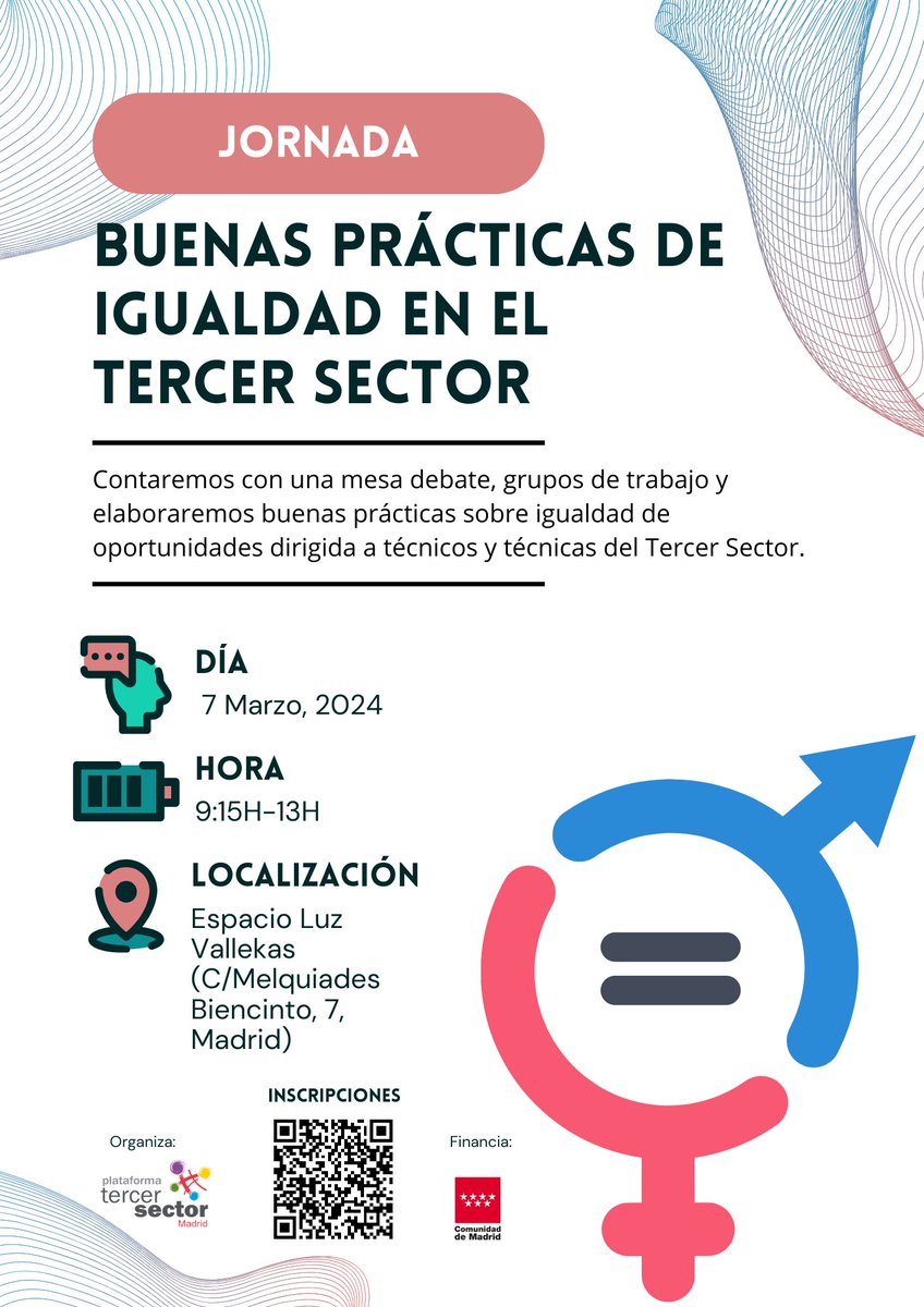 📢Jornadas de Igualdad organizadas por <a href="/TercerSectorMad/">Plataforma Tercer Sector Comunidad de Madrid</a>
📆 7 de Marzo de 9.15 h a 13h  
📍#LuzVallekas
C/ Melquiades Biencinto, 7 Madrid
✍️docs.google.com/forms/d/1XAIv-…
😉 ¡Te esperamos! 
#Igualdad
#formacion
#gratuito
#TercerSector
#Madrid