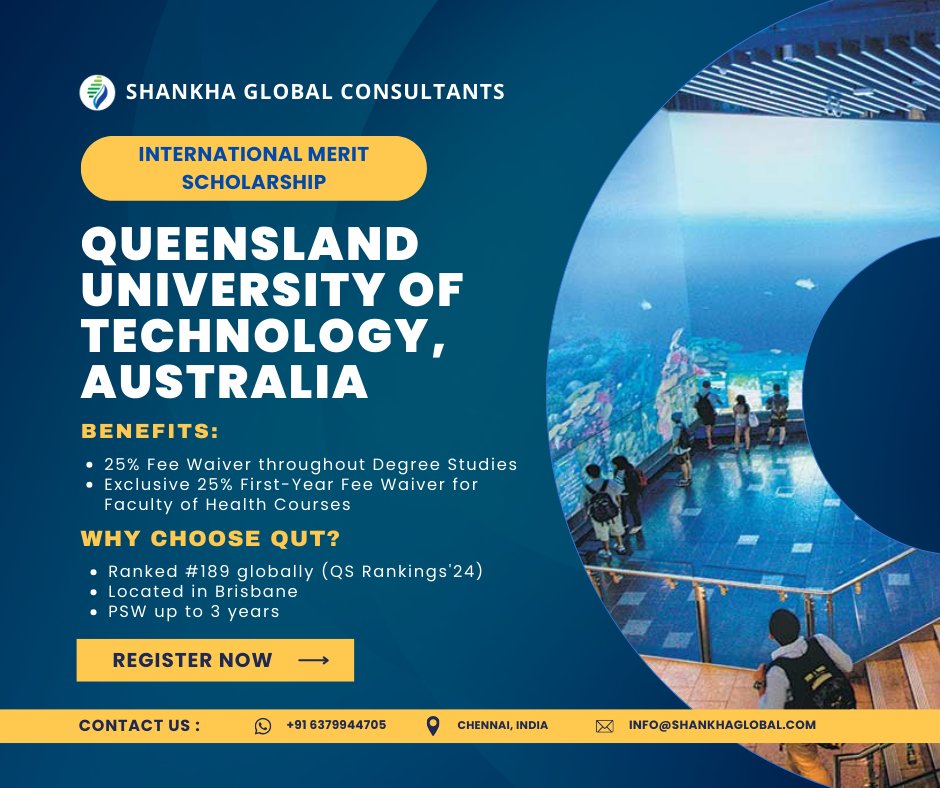 #QueenslandUniversity of #Technology, #Australia

👉🏻 #InternationalMeritScholarship

Benefits:
✨ 25% #FeeWaiver throughout #Degree Studies
✨ Exclusive 25% First-Year Fee Waiver for Faculty of #HealthCourses