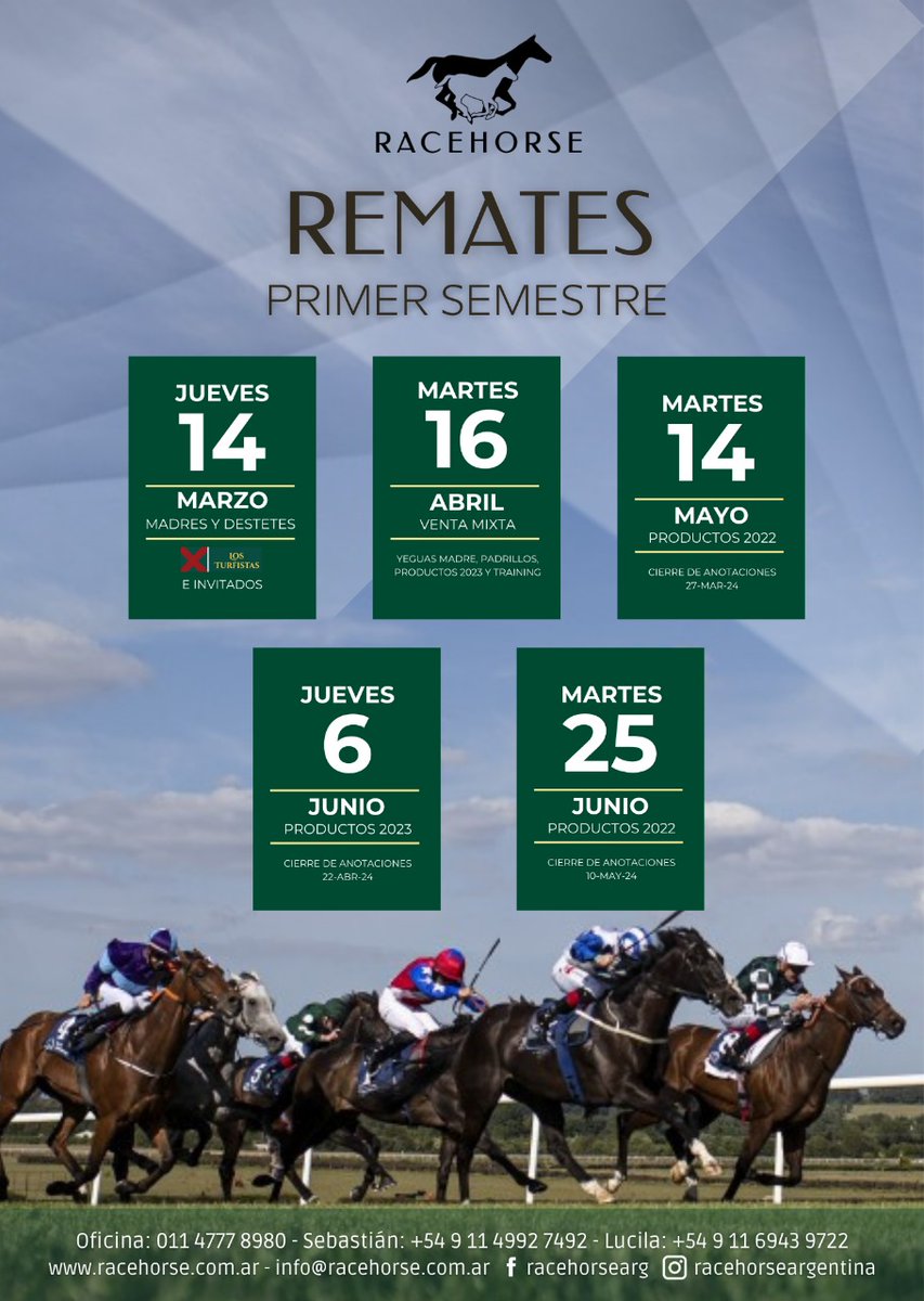 RacehorseArg's tweet photo. ➡️¡Hola! 
Te contamos las fechas de nuestros próximos remates y sus categorías
Las inscripciones están abiertas
Si necesitás ayuda, comunicate con nosotros, ¡estamos a tu disposición! https://t.co/VL54U658dU