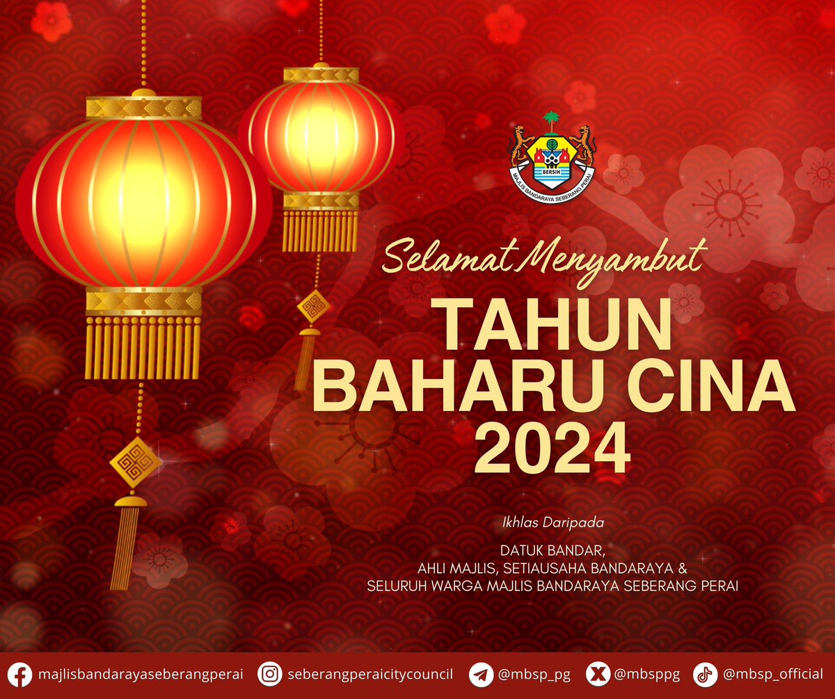 mbsp_pg's tweet photo. SELAMAT MENYAMBUT TAHUN BAHARU CINA 2024

Ikhlas daripada YBhg. Datuk Bandar, Ahli Majlis, Setiausaha Bandaraya serta seluruh warga Majlis Bandaraya Seberang Perai https://t.co/ThJTqDdTBR