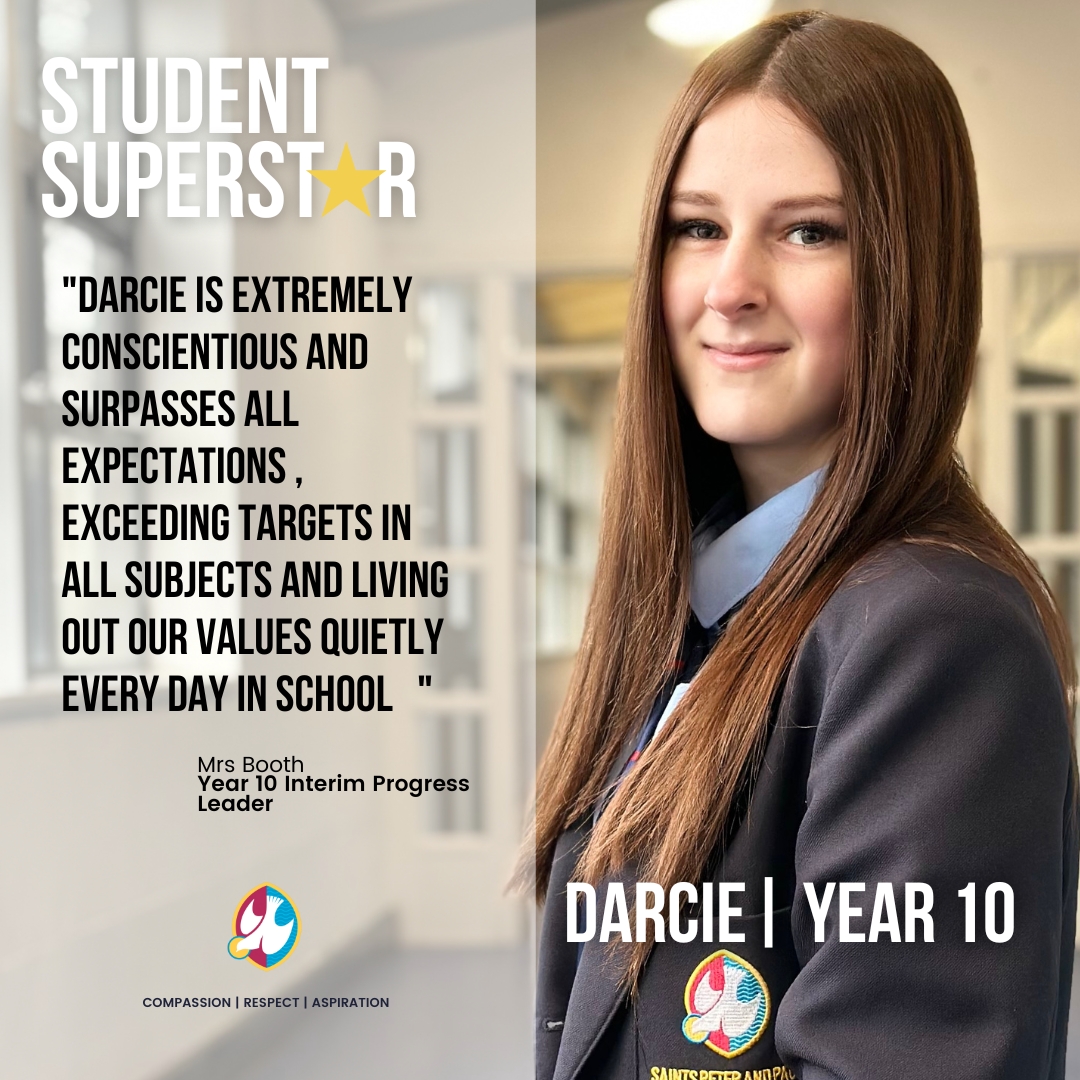 StsPnP's tweet photo. Darcie is #Year10 #StudentSuperstar for her exemplary focus & commitment to her studies, as well as her outstanding conduct around school. Interim Progress Leader, Mrs Booth said, "As a Year Team, we are so proud of her & wish her all the best in her mocks this February" #BePandP https://t.co/SsL7AtNrqu