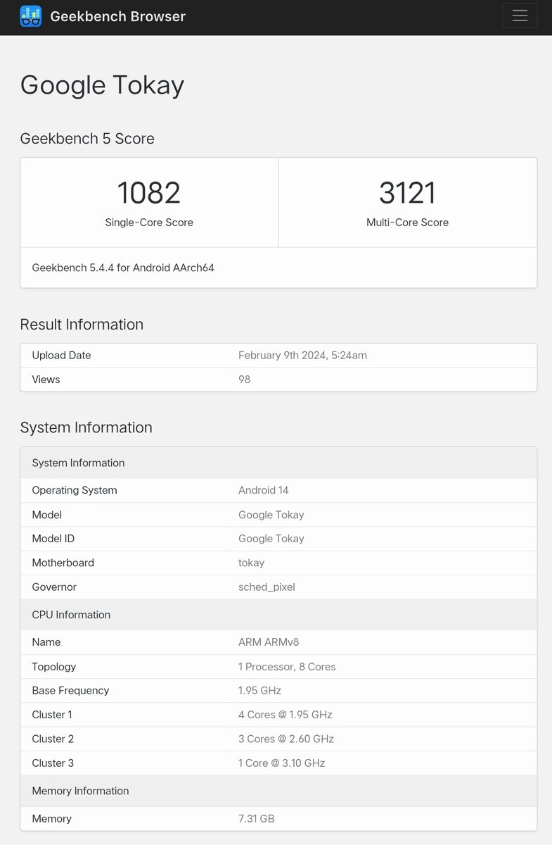 RealSufiyanKhan's tweet image. Google Tensor G4 Listed On Geekbench

Android 14
1 × 3.1GHz Cortex X4/X5
3 × 2.6GHz Cortex A7xx
4 × 1.96GHz Cortex A5xx
Arm Mali G715 GPU
8GB RAM

Google Pixel 9 Series And Google Pixel Fold 2 Will Be Powered By Tensor G4

#Google #TensorG4