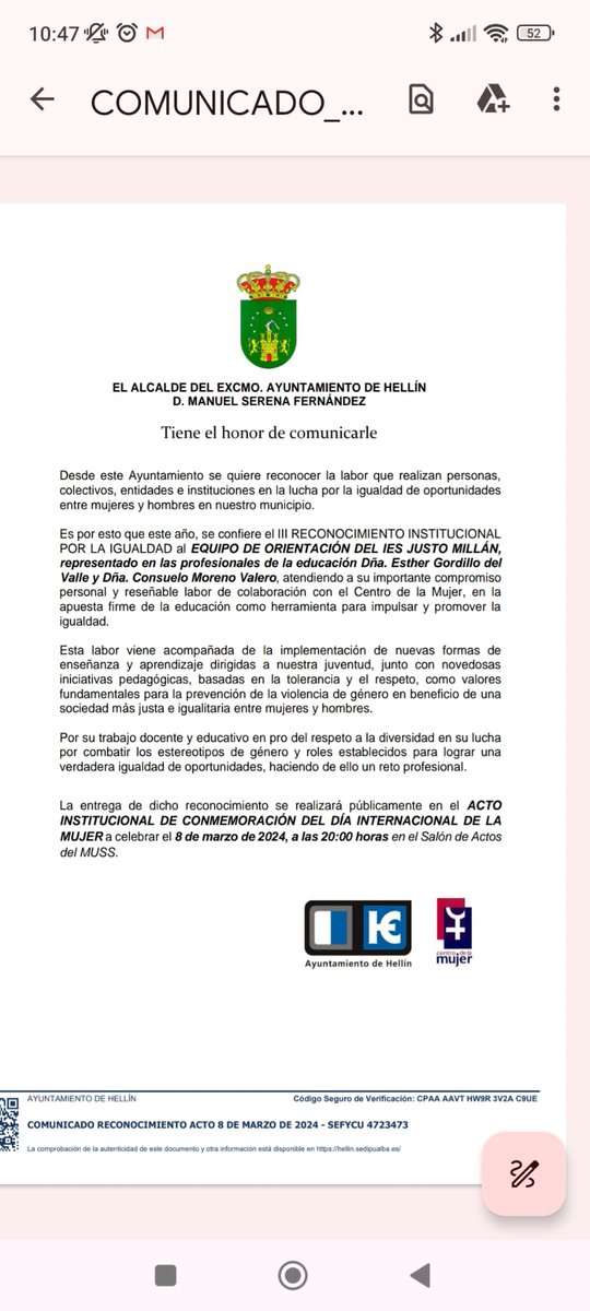 RECONOCIMIENTO INSTITUCIONAL POR LA IGUALDAD AL DPTO. DE ORIENTACIÓN DEL IES JUSTO MILLÁN.
Enhorabuena a Esther y Consuelo, por este premio tan merecido y gracias por la gran labor que hacéis en el centro. 😊😊😊😊
