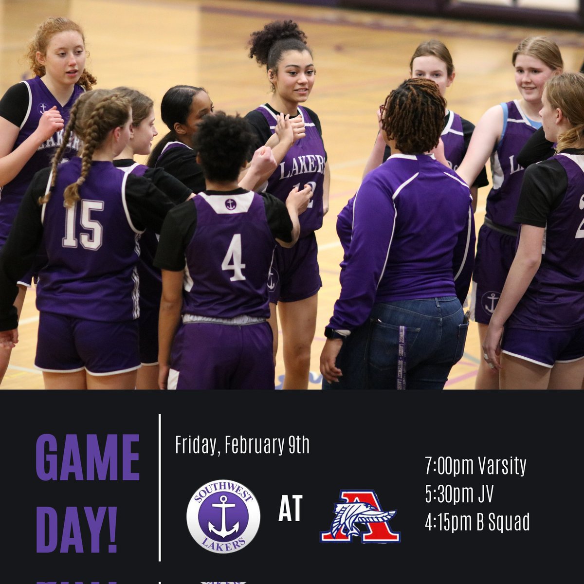 ⚠️ GAME DAY ⚠️ at Armstrong tonight!! 🏀 B Squad 4:15; JV 5:30; Varsity 7:00 🏀 #lakernation  #golakers⚓️ 💜🤍