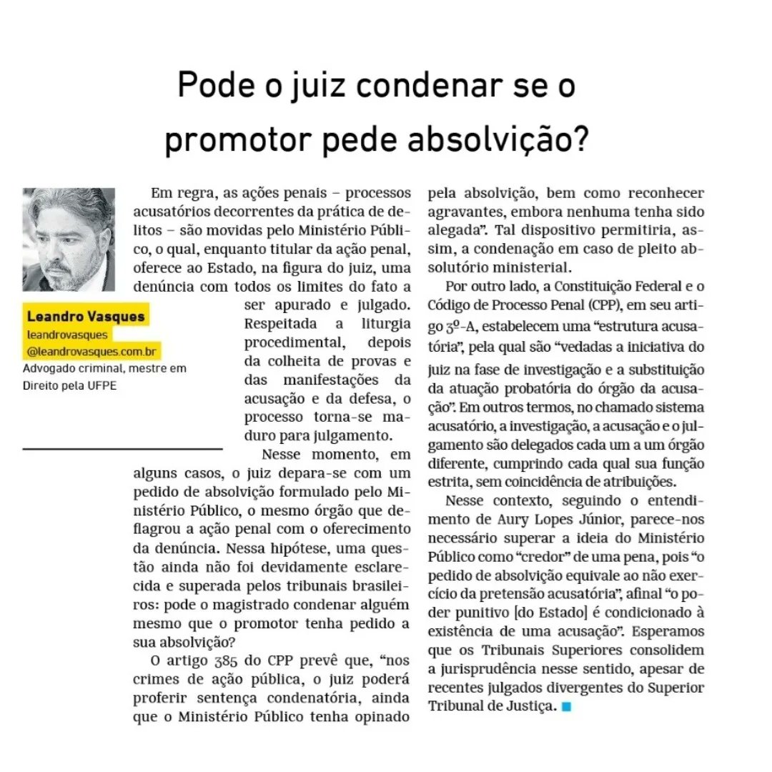 leandrovasques's tweet photo. Convido os(as) prezados(as) a uma reflexão acerca do artigo que publico na edição de hoje do periódico OPOVO sobre o seguinte questionamento: pode o juiz condenar um réu mesmo diante de uma manifestação pela absolvição por parte do Ministerio Público?

Uma Sexta-feira venturosa! https://t.co/pdszEN6tVA