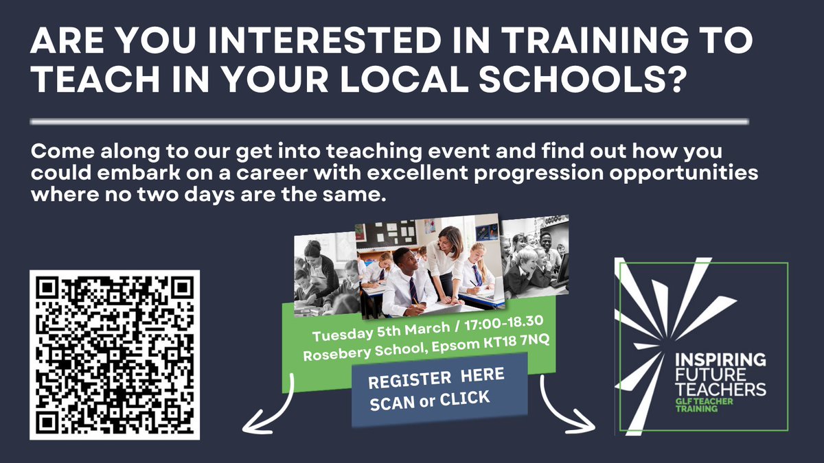 Get into Teaching Event- Tuesday 5th March - 5.00pm to 6.30pm  Rosebery School, Epsom - all welcome! rb.gy/ziq5h3 #tellyourfriends #traintoteach #teachertraining