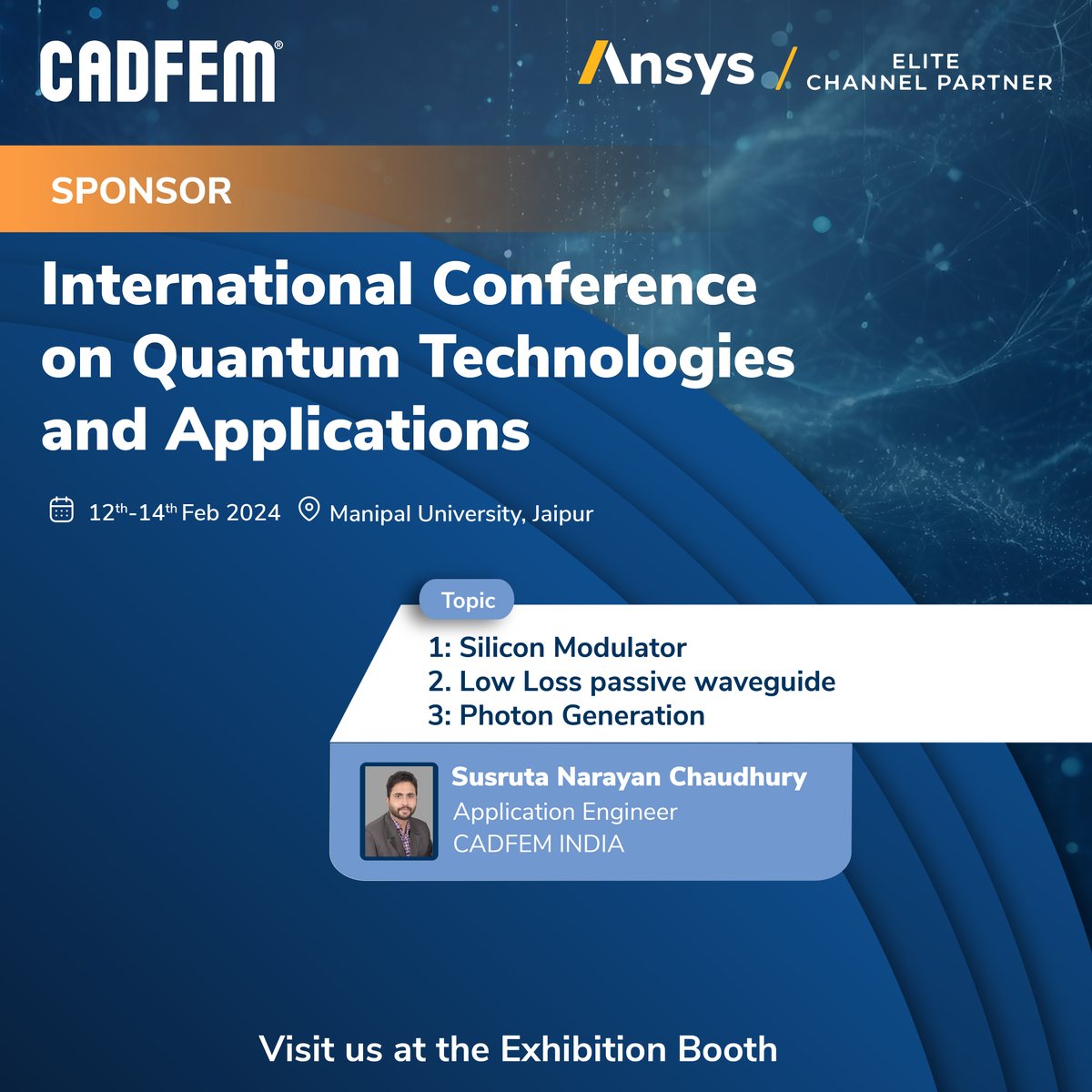 cadfem_in's tweet photo. Join Us at the International Conference on Quantum Technologies and Applications 
🎤Speaker Spotlight: Silicon Modulator, Low Loss Passive Waveguide, Photon Generation
Visit Our Booth | 📅 Save the Date: 12th-14th Feb 2024 

#Photonics #Silicon #FutureTech #simulationsolutions https://t.co/PSF8qEdj5w