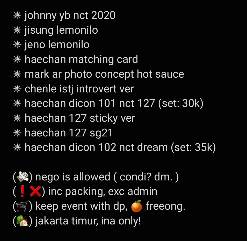‼️HELP RT &amp; LIKE‼️

wts / want to sell / lfb
aab haechan, johnny, chenle
TAKE ALL? 250K

tag. wts lfb ina pc haechan chenle johnny chenle jisung jeno nct lemonilo sg21 yb dicon 101 dicon 102 nct dream 127