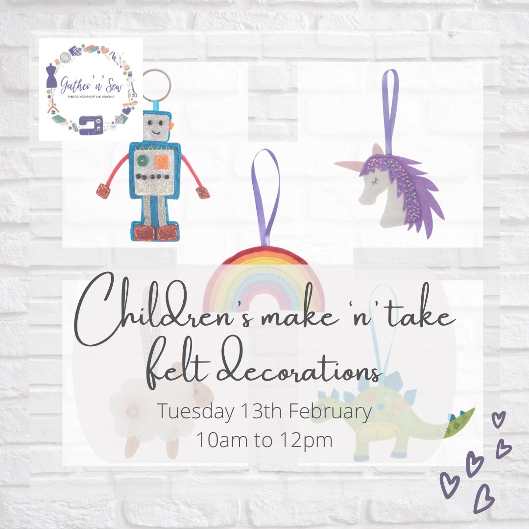Gather_N_Sew's tweet photo. We have two great children’s sewing workshops this half term - a cute felt decoration or a fun sunshine cushion. You are welcome to come along too!
Find out more and book ⬇️💜
https://t.co/OTi2YRiuAS
#childrenssewingclasses #sewingclassesforkids #bourne #bournetown https://t.co/3PMPUKfxoM