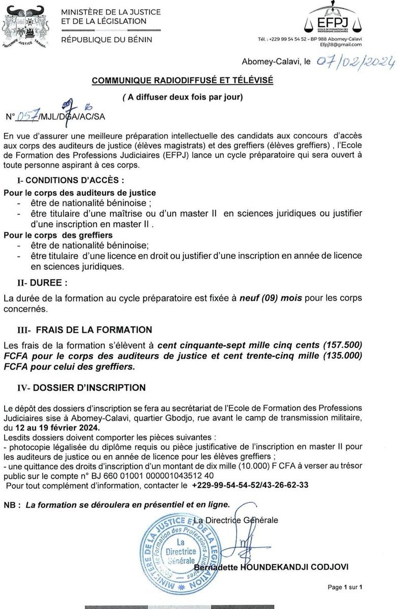 gouvbenin's tweet photo. #Gouvbenin | #Wasexo | #JusticeBenin |

🚨 Formation aux concours des auditeurs de justice et des greffiers au Bénin : L’EFPJ lance un cycle préparatoire de neuf (09) mois au profit des candidats

🌐 Lire les conditions d’accès sur ce lien => https://t.co/JxDbbRXak9 https://t.co/taSIlUOoRJ