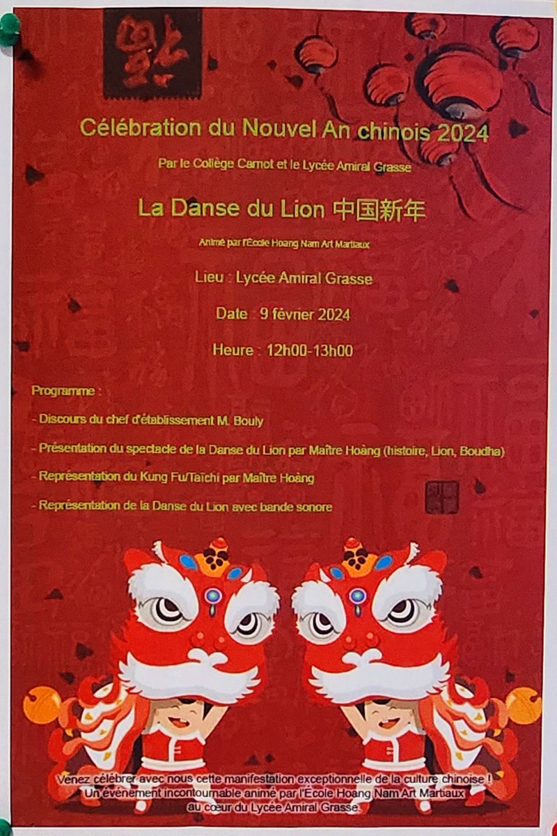 LyceeAmiral's tweet photo. Le lycée aux couleurs du Nouvel An Chinois ! 
🇨🇳 新年快乐 🇨🇳
✅️ Concours et exposition de calligraphie par nos élèves de chinois 
✅️ démonstration d'arts martiaux 
✅️ danse du lion 
🙏🏼 à notre collègue d'avoir organisé ces festivités fort appréciées ! 🤗 https://t.co/d5NFESizWt