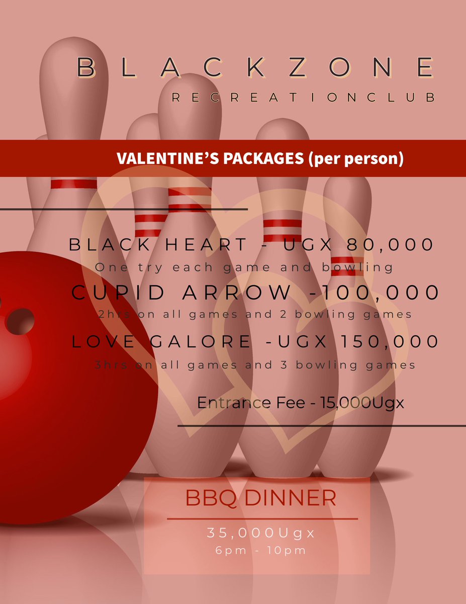 🎵Valentines is coming….🎵 Celebrate love in style❤️ Indulge in romantic ambiance & exciting games🎮🎳 Join us this valentines for a day of enchantment✨ #blackzonerecreationclub#valentinesday#gamersparadise#bowling#kampala#viral#lovefest2024