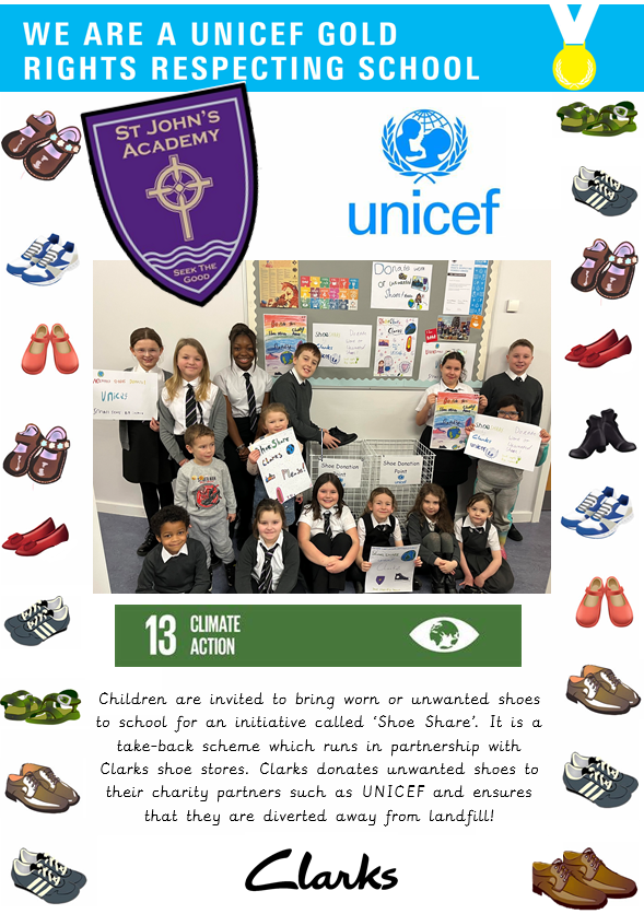 SJA_RRS's tweet photo. On the 12th and 13th of February, we are getting involved in our annual Rights Respecting School Days. Children are invited to bring unwanted shoes to school, to participate in Clarks' ‘Shoe Share’ take-back scheme  which ensures that shoes are diverted away from landfill. 👞👟 https://t.co/8GOCrOZhct