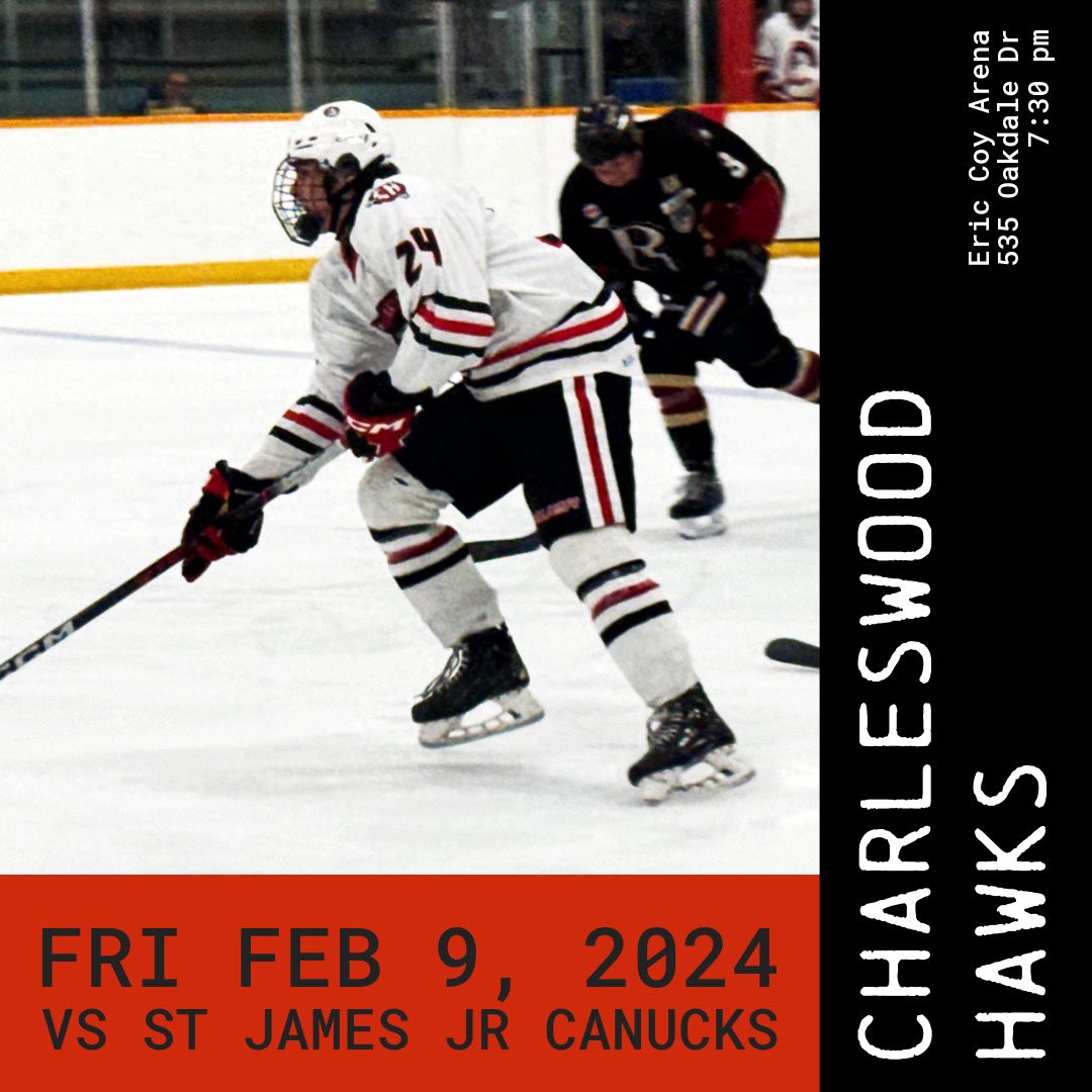 mmjhlhawks's tweet photo. We’re back to business tonight! Come cheer on the Hawks as we host the @StJamesCanucks - puck drops at 7:30 pm at the Coy! #charleswoodvseverybody #mmjhlhawks #mmjhl #gohawks #charleswoodhawks #forwayne #fordarryl #thecoy https://t.co/kkdzLryo4u