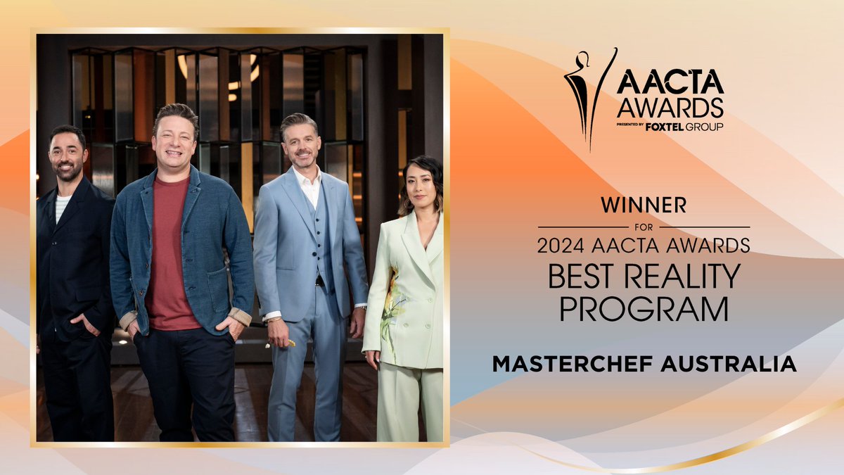 AACTA's tweet photo. The AACTA Award for Best Reality Program goes to Masterchef Australia 

#AACTAs #AACTAAwards #thisisqueensland #playgold #screenqueensland #experiencegoldcoast https://t.co/WRWlB7VXgv