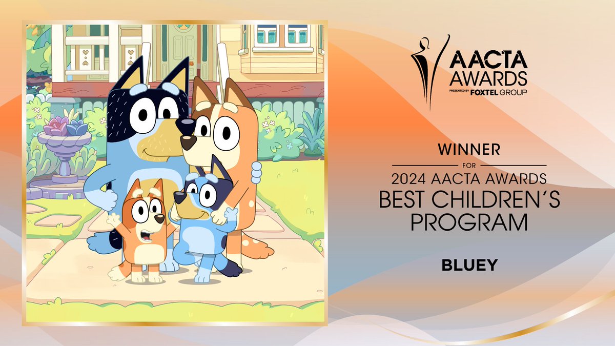 AACTA's tweet photo. The AACTA Award for Best Children's Program goes to Bluey 

#AACTAs #AACTAAwards #thisisqueensland #playgold #screenqueensland #experiencegoldcoast https://t.co/p5W3SHsgzK