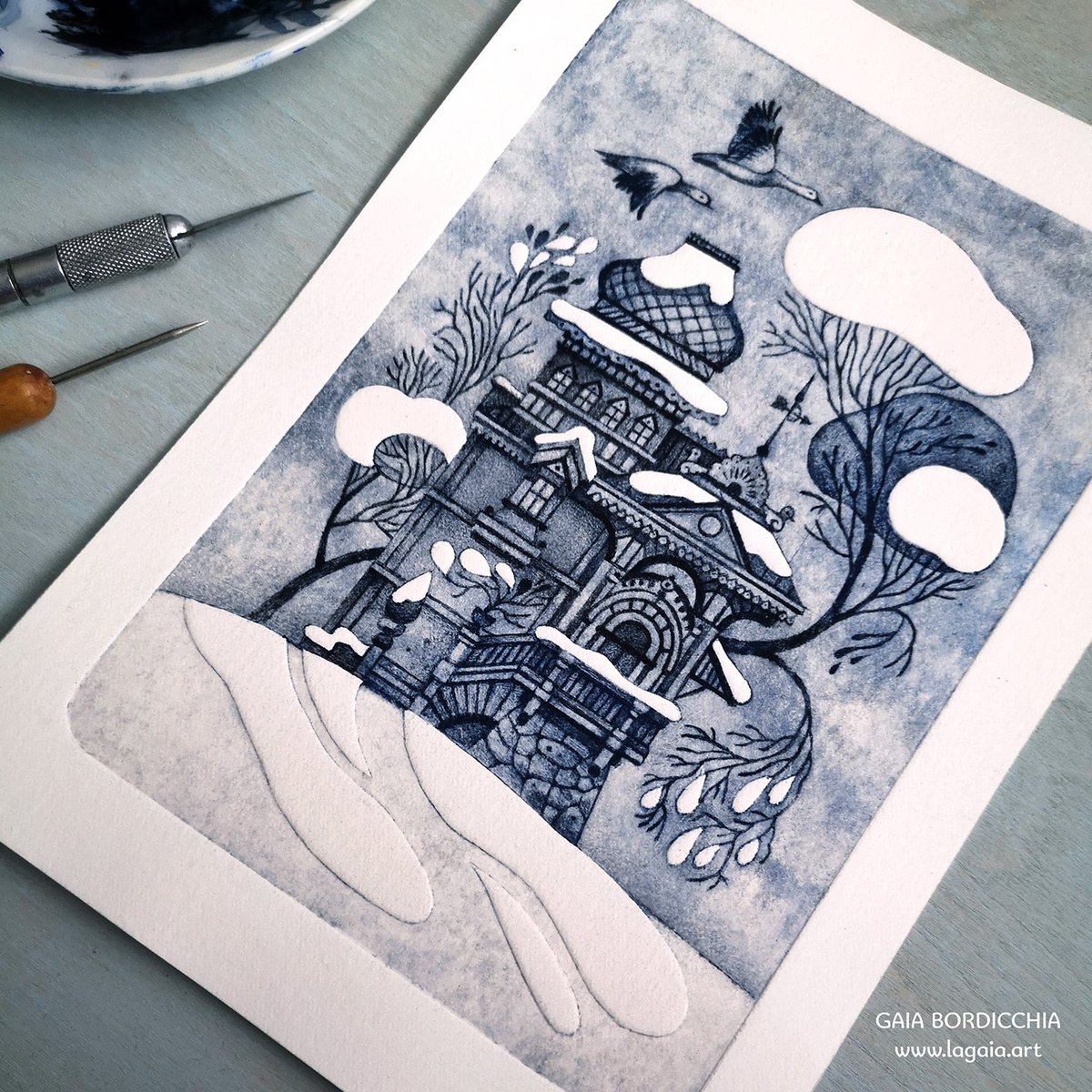 As moody as tetrapak gets! :D
This was a glorious printing fail. I only managed to pull 2 (the other one is a lighter ultramarine blue.) Then to improve a minor detail, the cutter slipped and I ruined the whole plate. I'm not starting over!