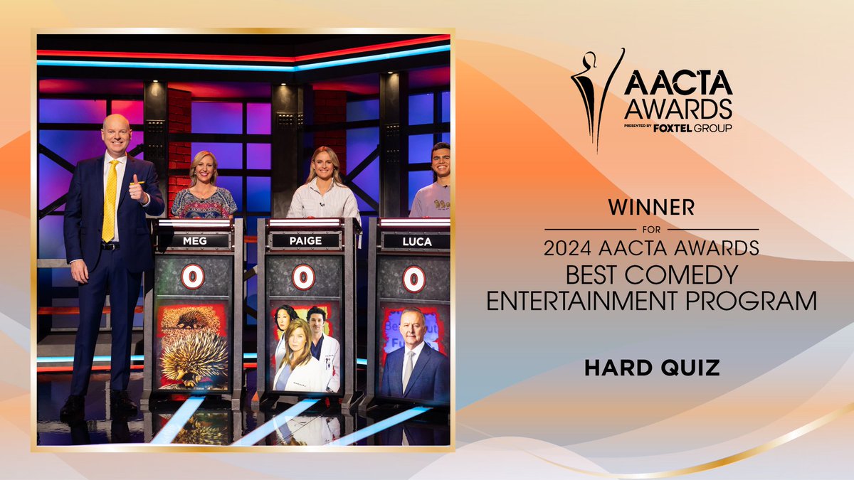 AACTA's tweet photo. The AACTA Award for Best Comedy Entertainment Program goes to Hard Quiz 

#AACTAs #AACTAAwards #thisisqueensland #playgold #screenqueensland #experiencegoldcoast https://t.co/64UYjZTmrI