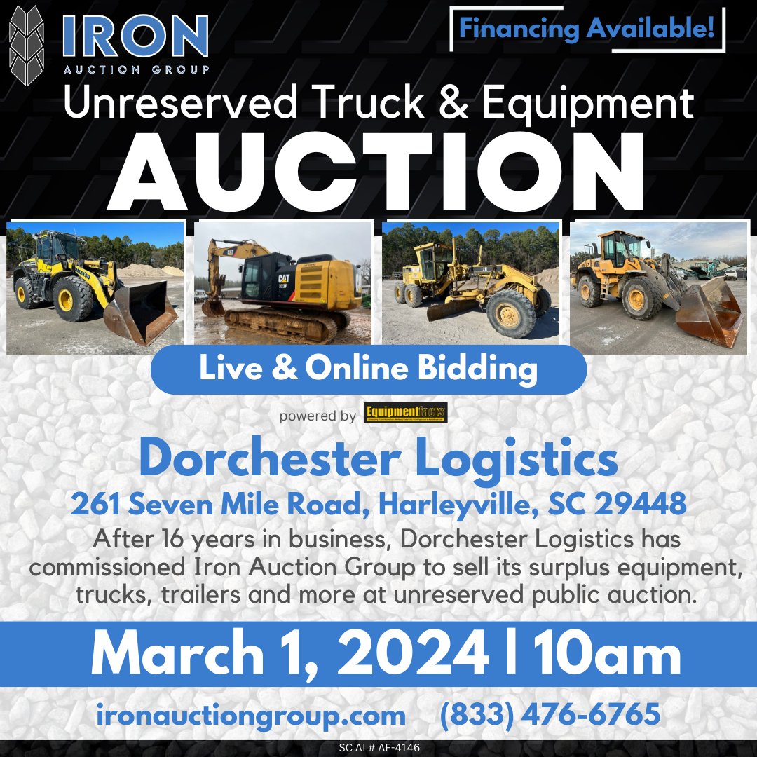 March 1st: After 16 years in business, Dorchester Logistics has commissioned Iron Auction Group to sell its surplus equipment, trucks, trailers & more at auction.  
Link: bit.ly/3w4gyj2
#HeavyEquipmentAuction #TruckAuction #ConstructionEquipmentAuction #EquipmentAuction