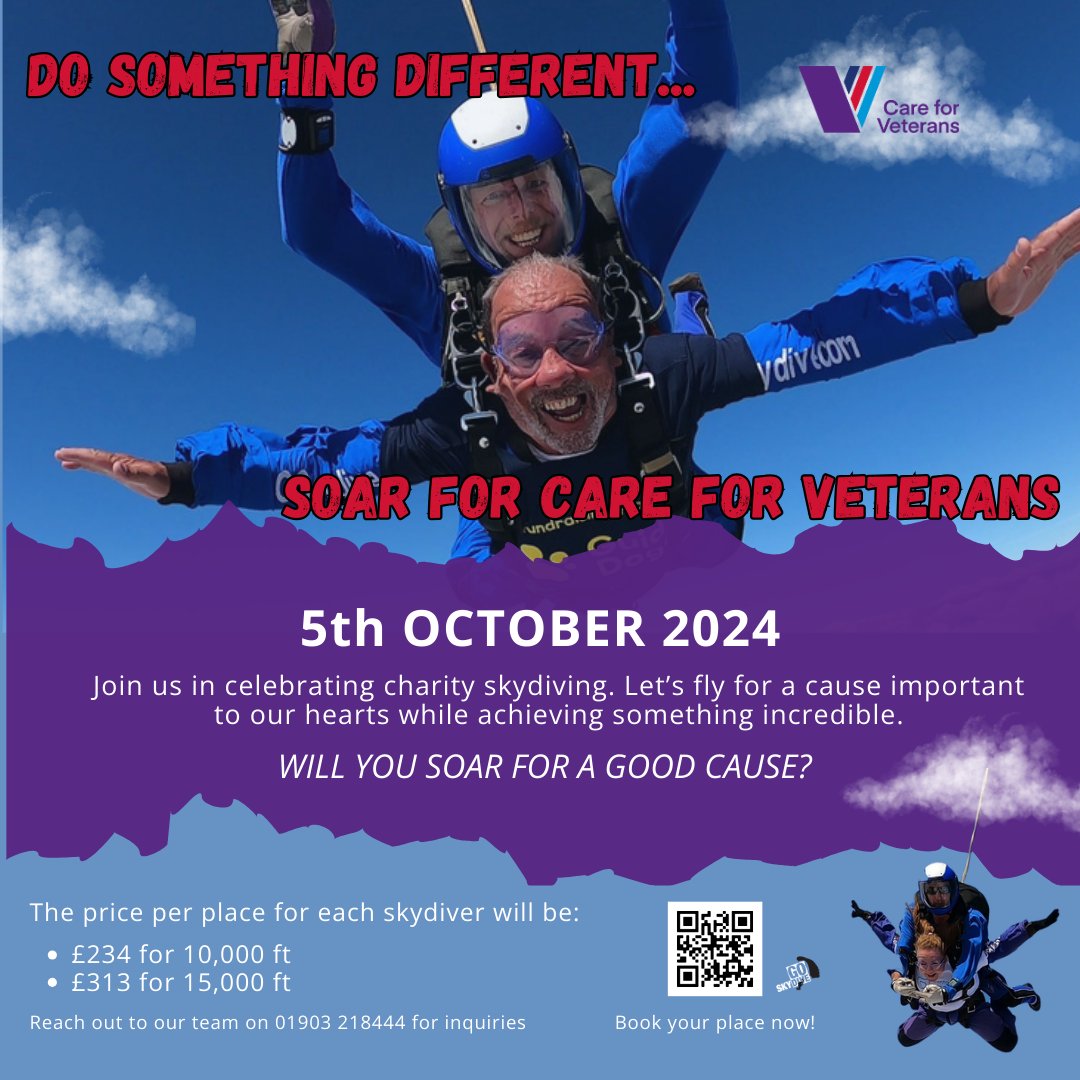 We're thrilled to be one of GoSkydive's partnered charities. Support a good cause at our event! The event will occur on the 5th October at GoSkydive, Old Sarum Park, Salisbury . Sign up now and leap for charity: careforveterans.org.uk/events/soaring…