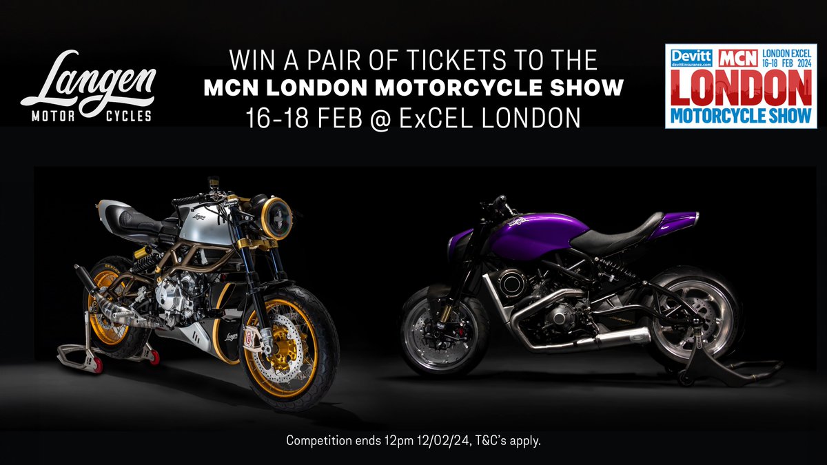 Langenbikes's tweet photo. Win a pair of tickets to join Langen Motorcycles at The @DevittInsurance @MCNews London Motorcycle Show 2024! 🏍️

To enter, follow us and reply to this tweet! Don't miss out.

T&amp;Cs apply. Ends 12/02/24 at 12pm.

#LangenMotorcycles #MCN #MotorcycleShow https://t.co/y55I4cAcrz