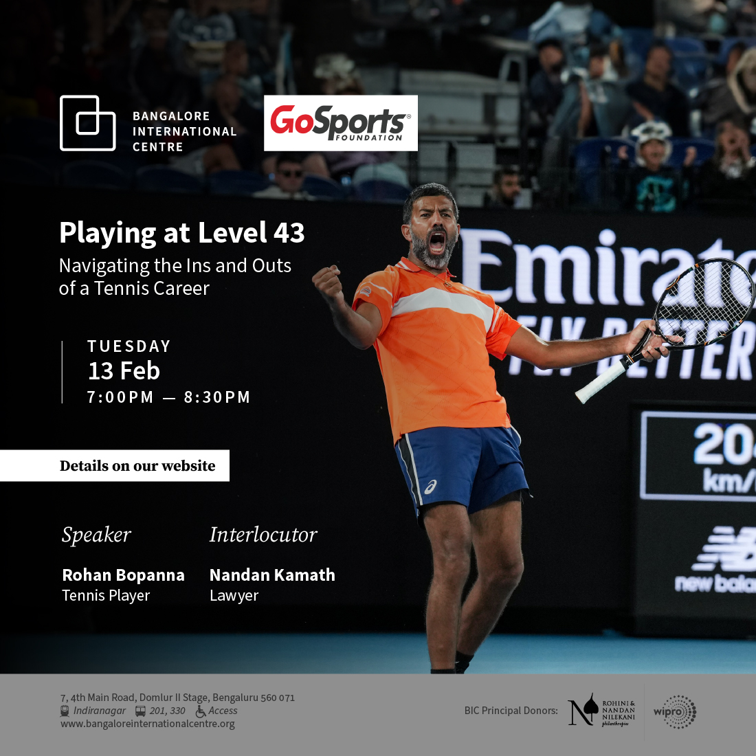GoSportsVoices's tweet photo. 🎾 Dive into the world of tennis with Rohan Bopanna, the World No. 1 Doubles player and Australian Open Champion! Join us at 'Playing at Level 43' for an insightful conversation moderated by Nandan Kamath. RSVP now - https://t.co/exHJUJKVaX https://t.co/H0Yylyh0Z2