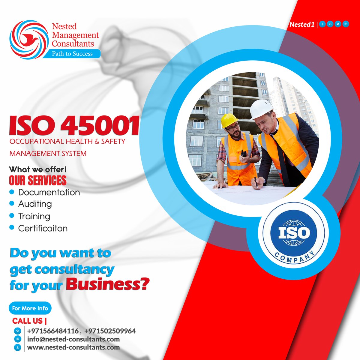 Nested Consultants (@nested1_) on Twitter photo Nested Management Consultants
ISO 45001 - OH&SMS
nested-consultants.com/standards/iso-…
Do you want to get consultancy for your Business?
𝗖𝗢𝗡𝗧𝗔𝗖𝗧 𝗨𝗦:
𝗖𝗔𝗟𝗟 | +971566484116
𝗪𝗛𝗔𝗧𝗦𝗔𝗣𝗣 | +971566484116
𝗘𝗠𝗔𝗜𝗟 | info@nested-consultants.com Nested Management Consultants
ISO 45001 - OH&SMS
nested-consultants.com/standards/iso-…
Do you want to get consultancy for your Business?
𝗖𝗢𝗡𝗧𝗔𝗖𝗧 𝗨𝗦:
𝗖𝗔𝗟𝗟 | +971566484116
𝗪𝗛𝗔𝗧𝗦𝗔𝗣𝗣 | +971566484116
𝗘𝗠𝗔𝗜𝗟 | info@nested-consultants.com