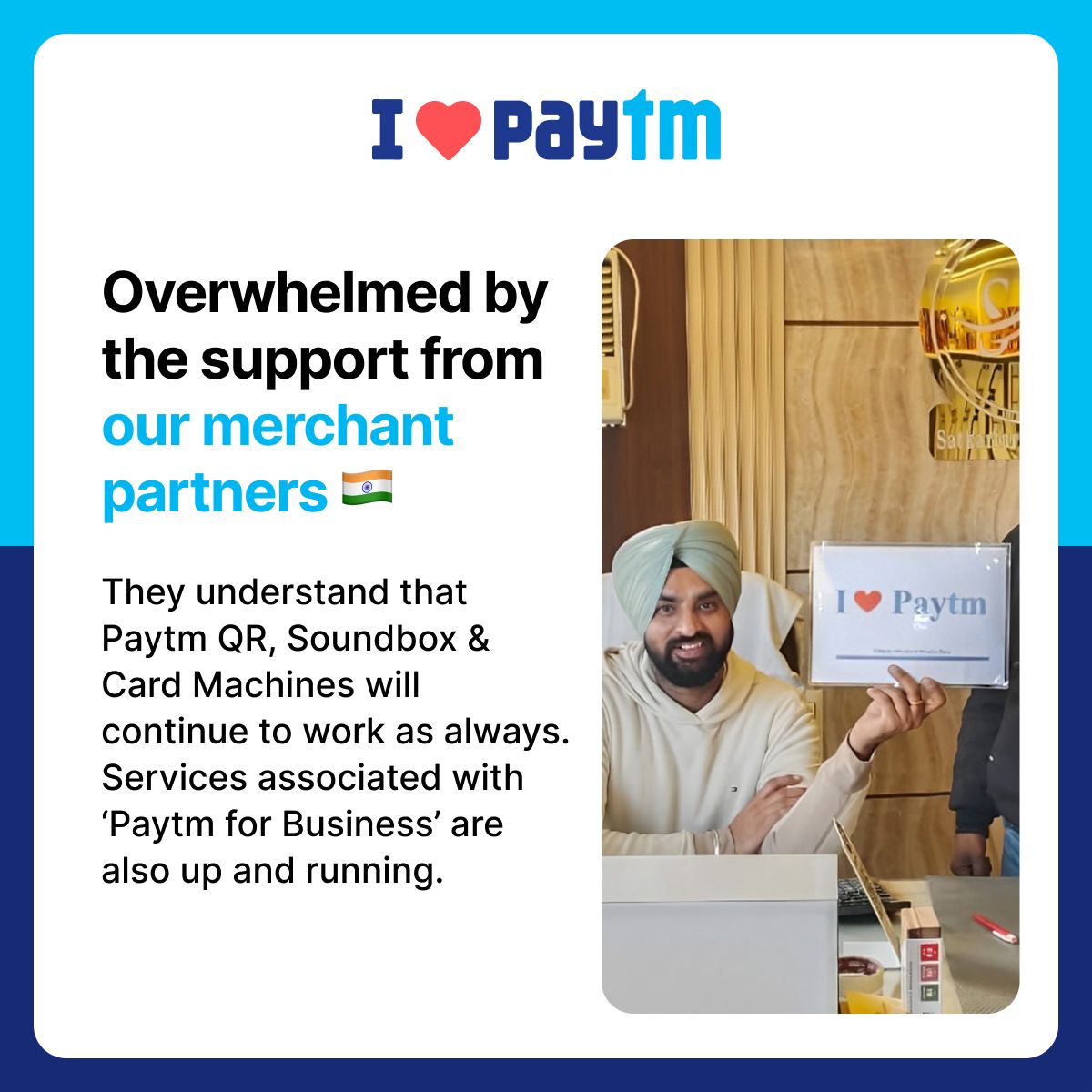 Our incredible community of merchants stand with us, sharing their love and trust in #Paytm 🇮🇳 All services associated with @PaytmBusiness- QR codes, Soundbox and Card Machine are working, and will continue to work #paytmkaro