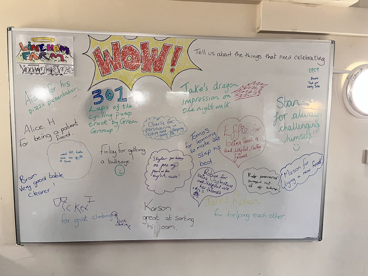 MsKoerbersClass's tweet photo. We’ve had some delicious pizza to finish our time at Lineham Farm off!🍕 It’s lovely to see the kind things the children and staff have written on the ‘wow!’ board about each other during our time here! @shireoakce https://t.co/dvZfFzJJuD