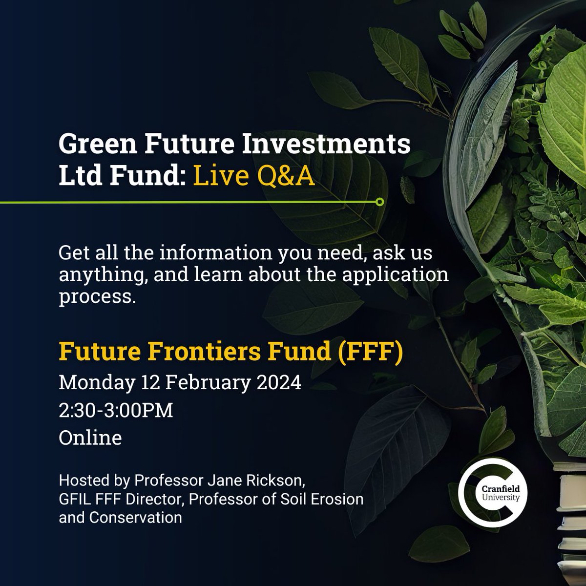 Do you want to create #sustainable solutions for a #greener future for your #CBedsBusiness?
Applications for the Future Frontiers Fund are now open 👉bit.ly/4byHRSK 
 @letstalkcentral @CranUni
#businessfunding #ApplyNow