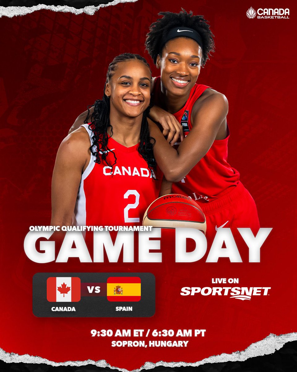 GAME DAY 🍁 

Canada takes on Spain at the FIBA Olympic Qualifying Tournament

With a win, our SWNT would clinch their spot at the 2024 Paris Olympics 

🆚: Spain 🇪🇸 
⏰: 9:30am ET / 6:30am PT
📍: Sopron, Hungary
📺: LIVE on @sportsnet 

#SWNT #FIBAOQT
