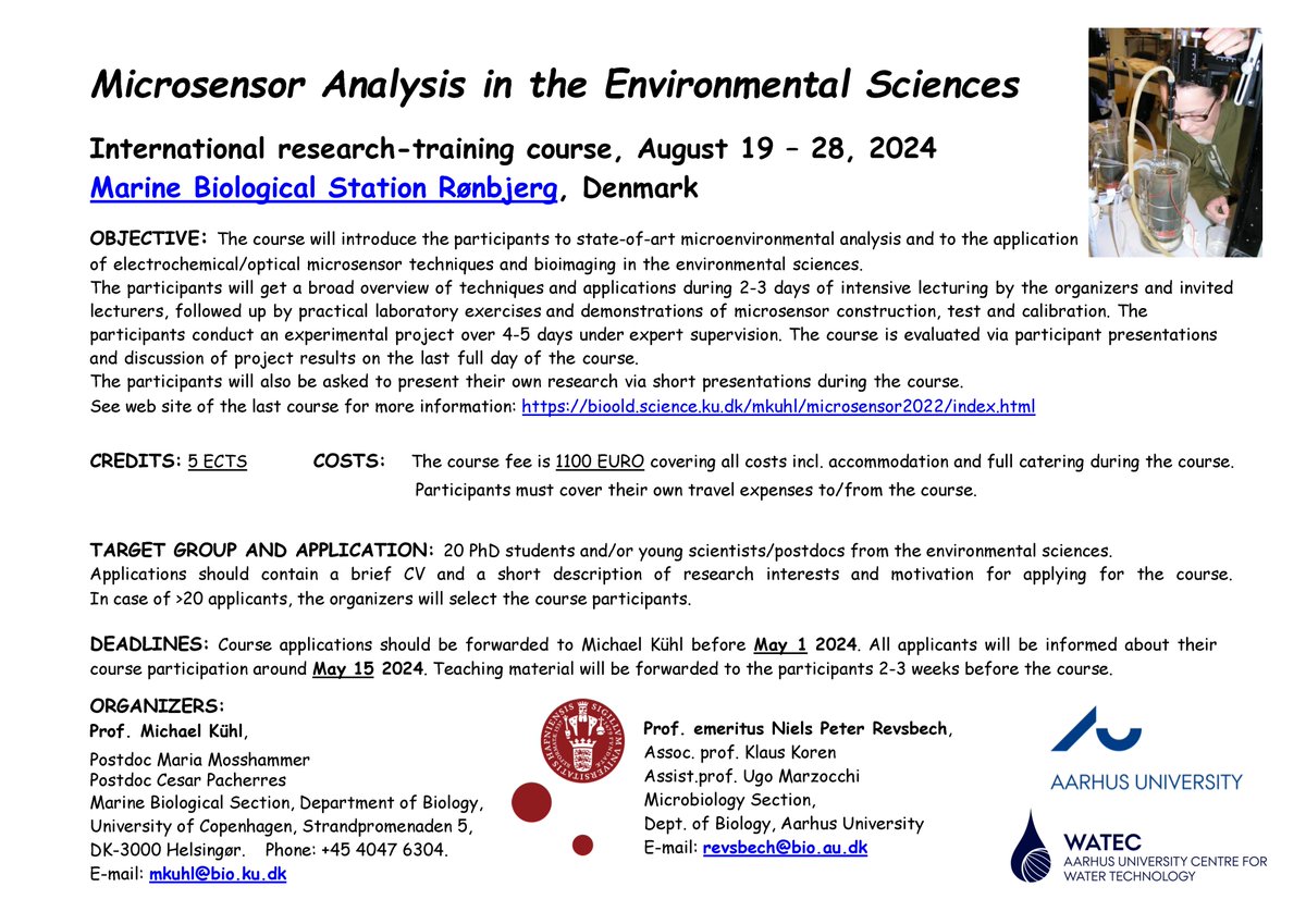 PLEASE SPREAD THE NEWS 😎The next course on
Microsensor Analysis in the Environmental Sciences,
takes place August 19-28, 2024 in Denmark
with an application deadline on May 1, 2024.