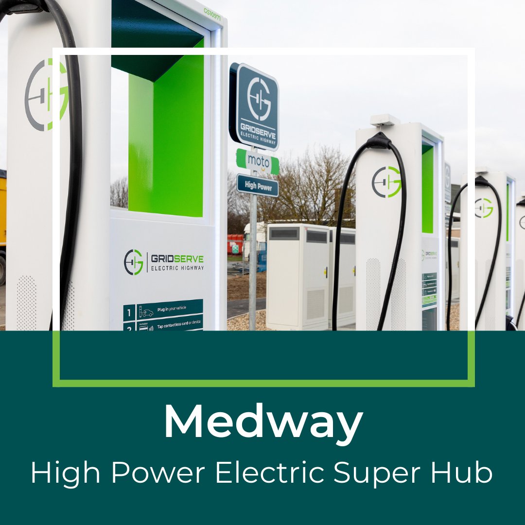 ⚡️Medway High Power Electric Super Hub⚡️ 10 x 350kW-capable High Power chargers powered by 100% net zero carbon energy are now available at both Moto Medway East and West services. @motoway Check out all our locations on the GRIDSERVE Electric Highway👉 electrichighway.gridserve.com