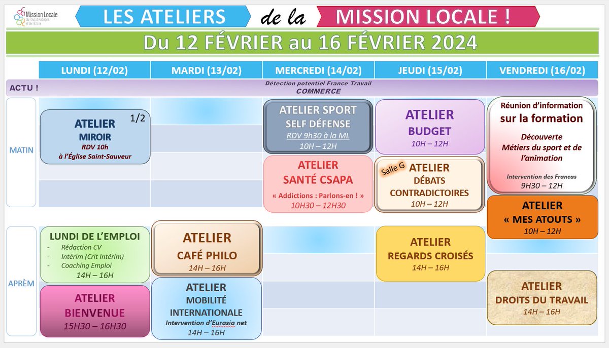 Un aperçu de 𝙣𝙤𝙨 𝙖𝙩𝙚𝙡𝙞𝙚𝙧𝙨 de la semaine prochaine !
Renseigne-toi à l'accueil de la Mission locale pour être certain qu'il reste des places ! 😁

🗓️ Du lundi 12 au vendredi 16 février 2024
📞 04 42 62 83 30

#Ateliers #MissionLocale #CEJ #Aubagne