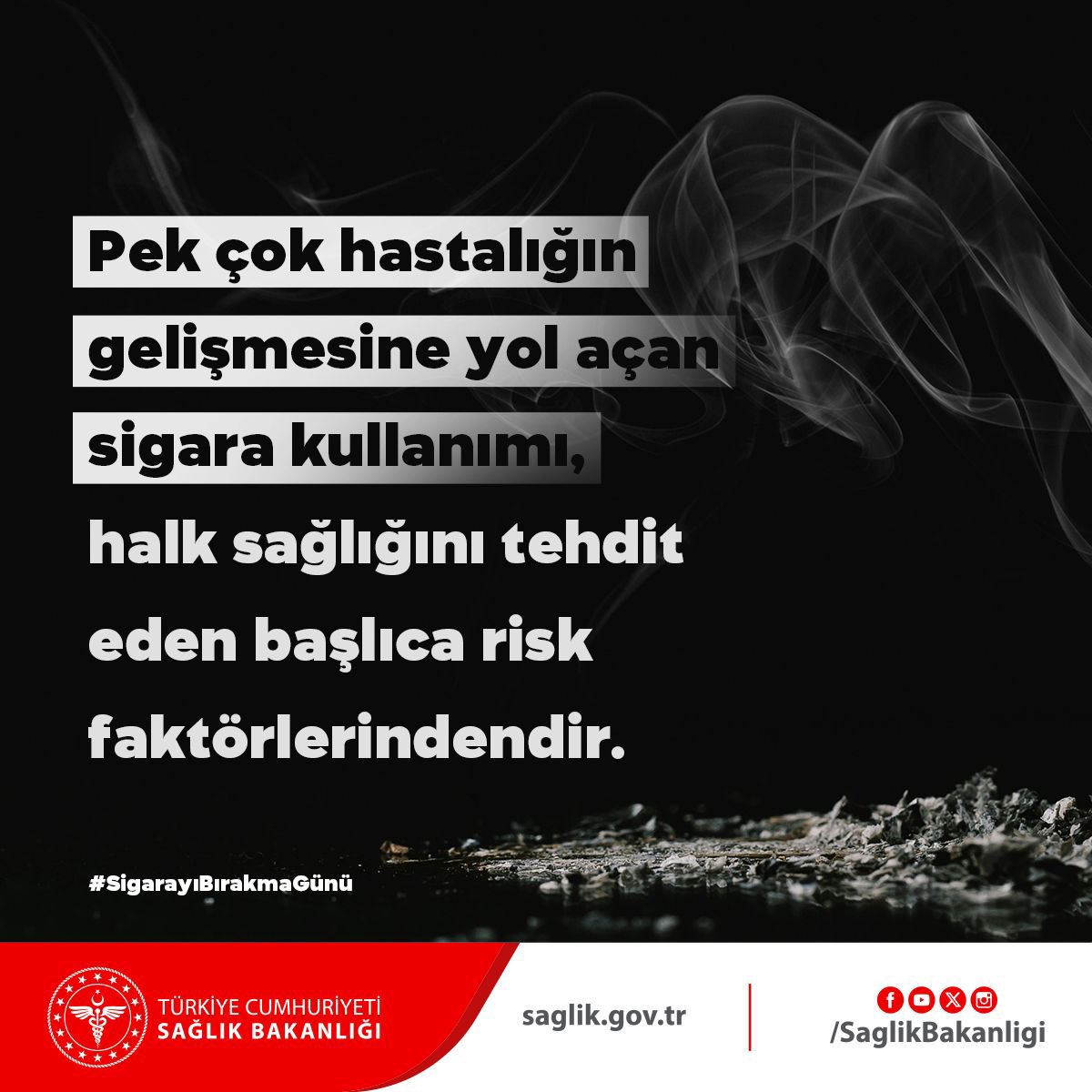 saglikbakanligi's tweet photo. Pek çok hastalığın gelişmesine yol açan sigara kullanımı, halk sağlığını tehdit eden başlıca risk faktörlerindendir.
#SigarayıBırakmaGünü https://t.co/zspboS5S5D