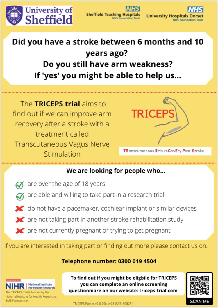 🚨STROKE REHAB TRIAL🚨 We are now ready to recruit to the TRICEPS trial-investigating Vagus Nerve Stimulation (TVNS) for arm recovery after stroke. sites.google.com/sheffield.ac.u… If this is you +you’d like to find out more -please get in touch for a chat 👇🏽 @UHD_NHS @UHDTherapies